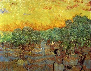 Vincent Van Gogh : Olive Orchard with a Man and a Woman Picking Olives